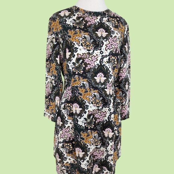 A.L.C. Tordi Dress 6 Silk Abstract Floral 3/4 Sleeve Mini Pleat Crepe - Picture 2 of 7